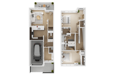 A floor plan of a two-story apartment with a garage and a second bedroom on the second floor  at Spyglass Hill Apartments, Bremerton, 98337